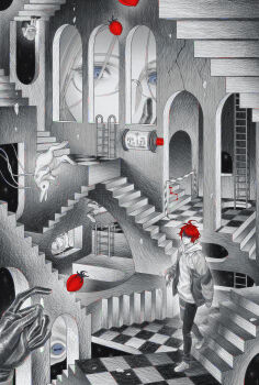 2boys 7nite absurdres ahoge aotsuki_eito black_hair blood blood_on_ground blue_eyes caution_tape checkered_floor cherry_tomato crack cracked_wall curled_up drawstring giant_hand glasses gloves goat greyscale hand_on_own_face highres holding hood hoodie horizontal_pupils impossible_architecture jacket ladder looking_ahead looking_at_another m_c_escher male_focus monochrome multicolored_hair multiple_boys optical_illusion pants rabbit red_hair short_hair size_difference space spot_color star_(sky) streaked_hair sumino_takumi the_hundred_line_-last_defense_academy- tomato upside-down