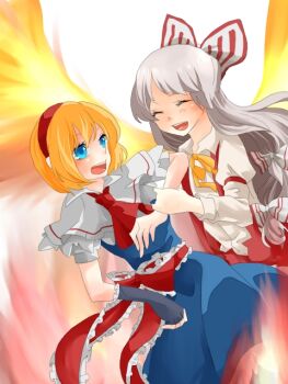 2girls alice_margatroid black_gloves blonde_hair blue_dress blue_eyes bow capelet closed_eyes commentary_request dress fiery_wings fingerless_gloves fire fujiwara_no_mokou gloves grey_hair hair_bow hairband holding_another's_wrist long_hair long_sleeves multiple_girls open_mouth pants pyrokinesis red_hairband red_pants single_glove smile suspenders teeth touhou tsuno_no_hito upper_teeth_only very_long_hair white_capelet wings yuri