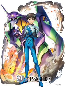 Rule 34 | 1boy, absurdres, blue eyes, brown hair, copyright name, eva 01, full body, glowing, glowing eyes, highres, holding own wrist, ikari shinji, interface headset (evangelion), looking at viewer, male focus, mecha pilot suit, neon genesis evangelion, official art, plugsuit (evangelion), shironeko project, short hair, smoke, standing