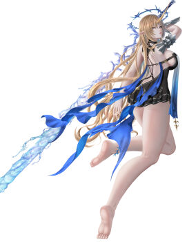 Rule 34 | 1girl, absurdres, black collar, black dress, blonde hair, blue eyes, collar, dress, fleurdelys (wuthering waves), highres, horns, pointy ears, unicorn, wuthering waves, yellow horns, yuzuriha (pixiv 14248010)