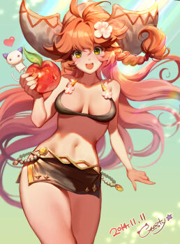 1girl apple blush braid breasts caesty cowboy_shot dated female_focus flower food fruit green_eyes hair_flower hair_ornament halterneck heart horns long_hair miniskirt narrow_waist navel original red_hair side_braid side_slit signature skirt smile solo very_long_hair