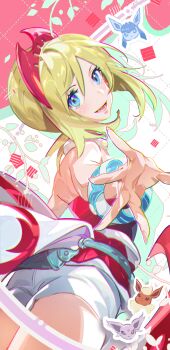 1girl bare_shoulders blonde_hair blue_eyes chromatic_aberration espeon eyelashes fingernails flareon foreshortening gen_1_pokemon gen_2_pokemon gen_4_pokemon glaceon hairband highres irida_(pokemon) looking_at_viewer nintendo open_mouth outstretched_arm pokemon pokemon_(creature) pokemon_legends:_arceus red_hairband red_shirt shirt shorts solo uoongpig white_shorts