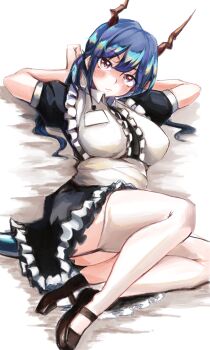 Rule 34 | 1girl, absurdres, alternate costume, arknights, arms behind head, black dress, black shoes, blue hair, blush, breasts, ch'en (arknights), closed mouth, collared dress, commentary request, dragon girl, dragon horns, dragon tail, dress, garter straps, highres, horns, id card, large breasts, loafers, long hair, looking at viewer, lying, maid, on back, qazxsw1235813, red eyes, shoes, short sleeves, sidelocks, solo, tail, thighhighs, thighs, white thighhighs
