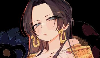 1girl black_background black_hair blue_eyes blush boa_hancock commentary earrings epaulettes forehead half-closed_eye jewelry long_hair looking_at_viewer one_piece parted_lips portrait snake_earrings solo usa37107692