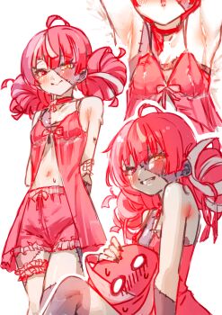 1girl absurdres armpits arms_behind_back babydoll bare_arms bare_shoulders blush breasts colored_skin commentary double_bun english_commentary frilled_shorts frills front_slit grey_skin grin hair_bun heterochromia highres hololive hololive_indonesia kghazir kureiji_ollie lingerie long_hair looking_at_viewer multicolored_hair multicolored_skin multiple_views navel patchwork_skin red_babydoll red_eyes red_hair red_shorts shorts small_breasts smile stitched_face stitches stomach streaked_hair thigh_strap underwear virtual_youtuber white_hair yellow_eyes