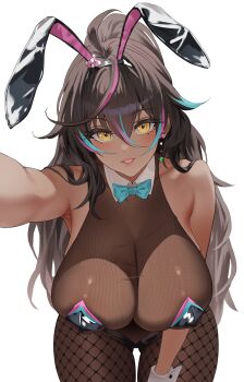 1girl absurdres animal_ears armpits bodystocking breasts brown_hair dark-skinned_female dark_skin derlyt fishnet_pantyhose fishnets highres huge_breasts indie_virtual_youtuber large_breasts multicolored_hair neon_harper pantyhose playboy_bunny rabbit_ears see-through_cleavage see-through_clothes streaked_hair virtual_youtuber white_background yellow_eyes