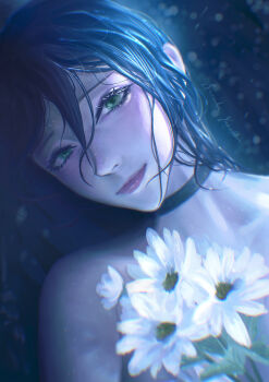 1girl absurdres artist_name black_choker blue_hair chainsaw_man choker closed_mouth flower green_eyes hair_between_eyes highres looking_at_viewer reze_(chainsaw_man) solo suzukayouraku wet wet_hair white_flower