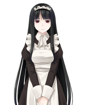 1girl alternate_costume apron black_dress closed_mouth commentary_request cowboy_shot crote dress enmaided expressionless highres hime_cut houraisan_kaguya juliet_sleeves large_variant_set long_hair long_sidelocks long_sleeves looking_at_viewer maid maid_apron maid_headdress orange_eyes own_hands_together puffy_sleeves sidelocks sleeve_cuffs solo standing tachi-e touhou transparent_background variant_set very_long_hair white_apron white_headdress