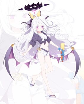 1girl absurdres alternate_costume blue_archive breasts full_body halo highres hina_(blue_archive) horns long_hair navel sandals shirt shorts small_breasts solo surps tied_shirt water_gun white_hair wings zoom_layer