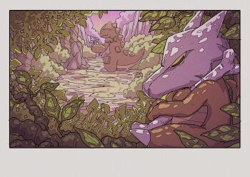 bone closed_eyes closed_mouth flower gen_1_pokemon grave highres holding holding_bone holding_flower horns kangaskhan marowak nintendo no_humans onamuzi_illust outdoors pokemon pokemon_(creature) pokemon_focus skull skull_on_head sky tail