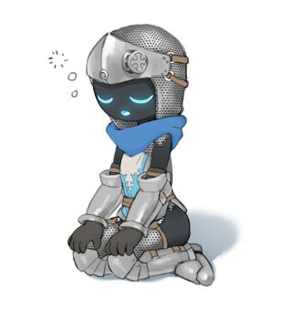 Rule 34 | 1girl, armor, armored boots, belt, belt buckle, black skin, blue eyes, blue scarf, boots, breastplate, breasts, buckle, chain, chainmail, closed eyes, colored skin, female focus, full body, garter belt, gloves, glowing, glowing eyes, greaves, hands on own knees, hook, leg armor, open mouth, original, scarf, seiza, simple background, sitting, small breasts, solo, standing, thighhighs, tosx, vambraces, visor (armor), white background