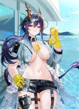 1girl absurdres arknights black_pants blue_hair blue_skirt breasts ch'en_(arknights) ch'en_the_holungday_(arknights) ch'en_the_holungday_(holiday)_(arknights) double-parted_bangs dragon_girl dragon_horns gloves highres holding_hands horns large_breasts long_hair navel ocean open_clothes open_shirt pants red_eyes rubber_duck rubber_gloves sidelocks skirt strap thighs visor_cap yellow_gloves yellow_horns yuki_flourish