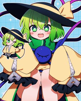 1girl absurdres black_hat blue_background blush chibi green_eyes green_hair hat hat_ribbon highres komeiji_koishi long_sleeves open_mouth ribbon shirt short_hair solo third_eye touhou touhou_gensou_eclipse yellow_ribbon yellow_shirt you_(noanoamoemoe)