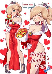 Rule 34 | 1girl, arm under breasts, bare shoulders, blonde hair, blue eyes, bouquet, breasts, brooch, cleavage, crown, dress, earrings, eyelashes, fire flower, fire rosalina, flower, hair ornament, happy tears, heart, high heels, highres, holding, holding bouquet, jewelry, long hair, long sleeves, looking at viewer, mario (series), mother&#039;s day, multiple views, nintendo, off-shoulder dress, off shoulder, official alternate hairstyle, pelvic curtain, ponytail, purple nails, red dress, rosalina, signature, smile, speech bubble, star (symbol), star brooch, star earrings, super mario 3d world, tears, toggy keiichi, white background