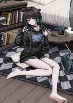 1girl :o absurdres barefoot bed black_hair black_hoodie book box cardboard_box cellphone choker collar earphones feet green_hair highres hood hood_down hoodie indoors lobsteranian looking_at_viewer multicolored_hair mushroom mushroom_on_head nail_polish on_floor original phone pillow plant purple_nails short_hair smartphone solo spiked_collar spikes tablet_pc tissue_box