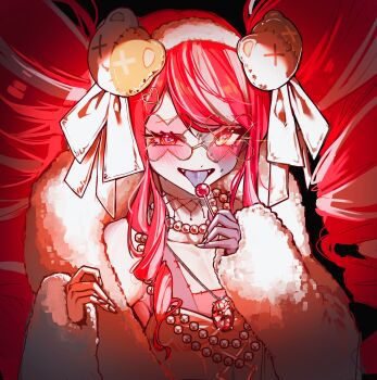 Rule 34 | 1girl, :d, absurdres, blush, candy, commentary, drill hair, english commentary, flat chest, food, fur trim, highres, hololive, hololive indonesia, jewelry, kghazir, kureiji ollie, lollipop, long hair, looking at viewer, multicolored hair, necklace, open mouth, pearl necklace, purple thighhighs, red hair, smile, solo, stitched face, stitches, streaked hair, thighhighs, tongue, tongue out, twin drills, twintails, two-tone hair, virtual youtuber, white hair, x-shaped eyewear