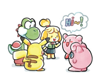1girl animal_crossing animal_ears barefoot black_eyes blonde_hair blue_eyes buttons commentary dog_ears dog_girl dog_tail english_commentary english_text floppy_ears from_behind furry furry_female gen_1_pokemon green_vest hair_tie happy high_ponytail isabelle_(animal_crossing) jigglypuff kirby kirby_(series) lozyrosie mario_(series) neck_ribbon nintendo nostrils open_mouth pikachu pocket pokemon pokemon_(creature) ponytail red_ribbon red_shoes ribbon saddle shadow shirt shoes short_hair short_ponytail short_sleeves simple_background smile solid_oval_eyes speech_bubble super_smash_bros. tail vest white_background white_shirt yoshi
