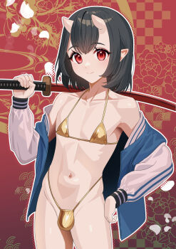 1boy akagi_kurage bikini black_hair bulge closed_mouth commentary_request cowboy_shot crossdressing crossdressing_(mtf) gold_bikini highres holding holding_sword holding_weapon horns jacket long_sleeves looking_at_viewer male_focus navel original pointy_ears puffy_long_sleeves puffy_sleeves red_eyes sheath sheathed short_hair skin-covered_horns solo string_bikini swimsuit sword trap weapon