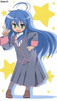 1girl :3 ahoge artist_logo artist_name bambi2000line brown_shoes coat collared_shirt dot_nose drop_shadow full_body green_eyes hand_on_own_hip highres izumi_konata logo long_hair long_sidelocks long_sleeves looking_at_viewer lucky_star mole mole_under_eye onii-chan_wa_oshimai! open_mouth pointing pointing_up purple_coat purple_skirt raised_eyebrows school_uniform shirt shoes sidelocks signature simple_background skirt solo standing star_(symbol) uwabaki very_long_hair white_background white_shirt yotsuba_university_affiliated_junior_high_school_uniform