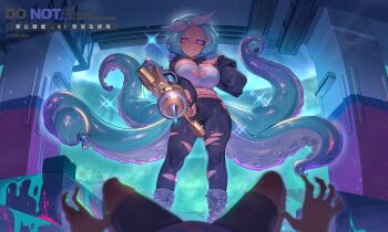 Rule 34 | 1girl, 1other, artist name, black leggings, black shrug, blue hair, boots, bow, bow hairband, breasts, cleavage, cleavage cutout, closed mouth, clothing cutout, commentary, crop top, dark-skinned female, dark skin, english commentary, eyebrow cut, feet, full body, hair bow, hairband, heart cutout, highres, holding, holding weapon, hood, hood down, hooded shrug, ink, jinkoika, lace-up boots, large breasts, leggings, long sleeves, looking at viewer, medium hair, midriff, navel, nintendo, octoling, octoling girl, octoling player character, open mouth, parted bangs, pov, pov hands, pov legs, purple eyes, shirt, shrug (clothing), smile, splash-o-matic (splatoon), splatoon (series), standing, tentacle hair, torn clothes, torn leggings, twitter username, watermark, weapon, white boots, white bow, white hairband, white shirt