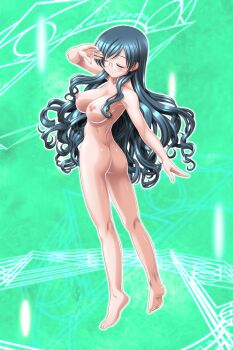 1girl ass barefoot blush breasts closed_eyes completely_nude game_cg glasses green_background green_hair henshin highres higuchi_isami large_breasts large_variant_set long_hair magic_circle mahou_shoujo_sae medium_breasts nipples nishijima_shouko non-web_source nude official_art smile solo twisted_torso variant_set