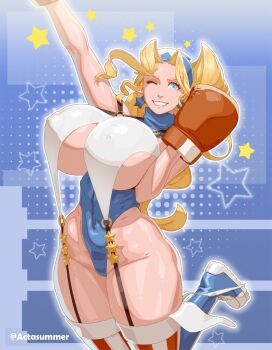 Rule 34 | 1girl, ;d, bandana, black garter straps, blonde hair, blue bandana, blue boots, blue eyes, blue leotard, boots, boxing gloves, boxing ring, breast curtains, breasts, covered erect nipples, curvy, earrings, fist pump, garter straps, gloves, grin, highres, huge breasts, jewelry, justice gakuen, knee boots, leotard, long hair, looking at viewer, materclaws, one eye closed, open mouth, red gloves, red thighhighs, revealing clothes, shiritsu justice gakuen, shoes, sideboob, smile, sneakers, solo, star (symbol), star earrings, striped clothes, striped thighhighs, thick thighs, thighhighs, thighs, tiffany lords, vertical-striped clothes, vertical-striped thighhighs