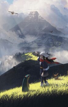 1girl absurdres akari_(pokemon) asteroid_ill bird black_hair black_pantyhose black_shirt cloud commentary copyright_name day eevee floating_hair floating_scarf garchomp gen_1_pokemon gen_2_pokemon gen_4_pokemon grand_scale grass grey_jacket grey_skirt headscarf highres jacket long_hair loose_socks mountain nintendo outdoors pantyhose pointing pokemon pokemon_(creature) pokemon_legends:_arceus ponytail quilava red_scarf scarf shirt sidelocks skirt sky smile socks standing starly tree white_headscarf white_headwear white_pantyhose