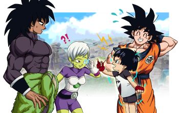 !? 2boys 2girls arm_behind_head belt black_hair blush_stickers bodysuit breasts broly_(dragon_ball_super) cheelai colored_skin dougi dragon_ball dragon_ball_super dragon_ball_super_super_hero electricity fingerless_gloves flying_sweatdrops gloves grandfather_and_granddaughter green_skin grin highres index_finger_raised medium_breasts multiple_boys multiple_girls muscular muscular_male nervous_smile open_mouth pan_(dragon_ball) pea-bean purple_bodysuit purple_eyes raglan_sleeves red_gloves scouter shirt short_hair shorts smile son_goku spiked_hair sweatdrop white_gloves white_hair