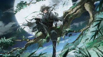 1boy absurdres black_boots black_hair black_pants boots cloak closed_mouth commentary english_commentary full_moon grey_eyes hair_between_eyes highres long_hair looking_at_viewer male_focus moon night night_sky outdoors pants pouring qiuyuan_(wuthering_waves) sitting sitting_on_branch sky solo toriumu very_long_hair white_cloak wind wuthering_waves