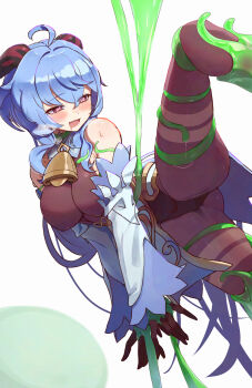 Rule 34 | 1girl, ahoge, bare shoulders, bdsm, bell, black gloves, black leotard, black pantyhose, blue hair, blush, bodystocking, bodysuit, bondage, bound, breasts, cameltoe, covered erect nipples, detached sleeves, ganyu (genshin impact), genshin impact, gloves, gold trim, groin, heart, heart-shaped pupils, highres, horns, jewelry, keureu (tiqkdtiqkd10), large breasts, leotard, leotard under clothes, long hair, neck bell, open mouth, pantyhose, purple eyes, sidelocks, slime (substance), solo, spread legs, sweat, symbol-shaped pupils, thighlet, thighs, waist cape, white background, white sleeves