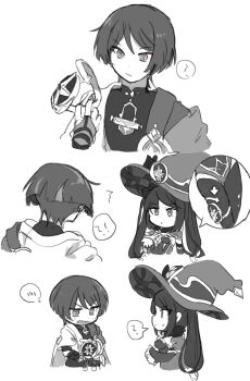 !? 1boy 1girl ? arm_at_side blunt_ends bodystocking bodysuit bow bridal_gauntlets cape closed_mouth crescent crescent_hat_ornament detached_sleeves eyeliner eyeshadow feathers fur_collar furisode gem genshin_impact greyscale hair_bow hat hat_bow hat_ornament highleg highleg_leotard highres holding holding_jewelry iris_hapic japanese_clothes jewelry kimono leotard light_blush long_hair looking_at_object makeup mandarin_collar mona_(genshin_impact) monochrome open_clothes open_hand open_kimono open_mouth parted_bangs pom_pom_(clothes) ponytail_holder red_eyeliner red_eyeshadow rope scaramouche_(genshin_impact) sequential sidelocks spoken_blush spoken_interrobang spoken_question_mark star_(symbol) star_hat_ornament star_ornament sweatdrop twintails unworn_jewelry vision_(genshin_impact) wanderer_(genshin_impact) white_background witch_hat yellow_feathers