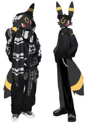 1other animal_ears black_fur black_hoodie black_pants black_scarf black_shirt black_shoes chain eyewear_on_head facial_mark forehead_mark full_body furry gen_2_pokemon highres hood hoodie jewelry looking_at_viewer multiple_views necklace nintendo o44cat pants pokemon pokemon_(creature) red_eyes scarf shirt shoes simple_background solo standing striped_clothes striped_scarf sunglasses tail umbreon white_background yellow_fur