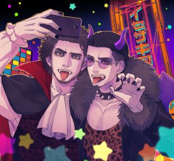 Rule 34 | 2boys, animal print, ascot, beard, black hair, black nails, cellphone, choker, claw pose, collarbone, commentary request, eyeshadow, facial hair, fangs, halloween costume, high collar, horns, kasuga ichiban, leopard print, long sleeves, makeup, male focus, mature male, multiple boys, mustache, phone, red eyes, ryuu ga gotoku (series), ryuu ga gotoku 7, short hair, smartphone, spiked choker, spikes, star (symbol), tinted eyewear, tongue, tongue out, translation request, upper body, vampire costume, white ascot, yuuri (yuri83), zhao tianyou