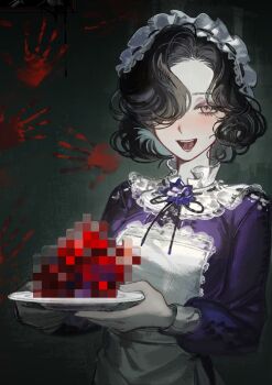 1girl apron black_ribbon blood blood_splatter blue_shirt breasts censored dress frilled_apron frills hair_over_one_eye highres holding holding_plate ing_(ing205509) long_sleeves looking_at_viewer maid_headdress mosaic_censoring neck_ribbon open_mouth original plate puffy_sleeves ribbon shirt short_hair smile solo tongue white_apron yellow_eyes