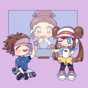 1boy 2girls aqua_eyes black_pants black_pantyhose black_shoes blue_jacket blush blush_stickers bright_pupils brown_eyes brown_hair closed_eyes commentary deformed double_bun english_commentary eyelashes flower flower_in_mouth grey_shorts hair_bun hand_on_own_hip hat highres holding holding_flower jacket long_hair monitor mother_and_daughter mother_and_son multiple_girls nate_(pokemon) nintendo one_eye_closed open_mouth pants pants_under_shorts pantyhose pink_flower pink_hat poke_ball_print pokemon pokemon_bw2 purple_background red_hat rosa_(pokemon) shirt shoes short_hair short_sleeves shorts sidelocks simple_background single_hair_bun sitting skirt smile standing twintails unova_mother_(bw2) user_vrme3225 visor_cap white_pupils white_shirt white_shoes yellow_skirt