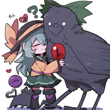 1girl 2others :3 ? animal animal_ears bird bird_wings black_cat black_eyes black_feathers black_footwear black_hat black_wings blush breasts buttons cat cat_ears cat_tail collar collared_shirt crow diamond_(shape) diamond_button extra_legs feathered_wings feathers frilled_shirt frilled_shirt_collar frilled_skirt frilled_sleeves frills green_collar green_hair green_ribbon green_skirt hair_between_eyes hat hat_ornament hat_ribbon heart heart_button highres hug kaenbyou_rin kaenbyou_rin_(cat) komeiji_koishi long_hair long_sleeves messy_hair multiple_others multiple_tails nose_blush bad_tag pet pleated_skirt red_eyes reiuji_utsuho reiuji_utsuho_(bird) ribbon rubbing shirt simple_background skirt slit_pupils smile tail torn_ribbon touhou two_tails whiskers white_background white_eyes wings yellow_ribbon yellow_shirt zunusama