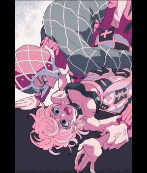 Rule 34 | 1boy, 1girl, argyle clothes, argyle hat, argyle sweater, black bustier, black eyes, blue eyes, breasts, bustier, choker, commentary request, green sweater, guido mista, hat, holding another's wrist, jojo no kimyou na bouken, long sleeves, lying, medium breasts, midriff, o ok, on back, open mouth, pink hair, pink hat, pinned, short hair, skirt, sweater, trish una, turtleneck, turtleneck sweater, vento aureo