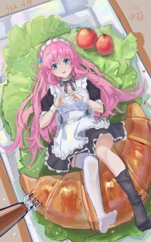 1girl above-cleavage_cutout absurdres alternate_costume apron asymmetrical_legwear black_dress black_socks blue_eyes bocchi_the_rock! bow bowtie cabbage cherry_tomato clothing_cutout commentary_request croissant cube_hair_ornament dress enmaided food fork frilled_apron frilled_dress frills full_body gotoh_hitori hair_ornament heart heart_hands highres knees light_blush long_hair looking_at_viewer lying maid maid_apron maid_headdress mini_person minigirl mismatched_legwear on_back on_plate open_mouth pink_hair puffy_short_sleeves puffy_sleeves red_bow red_bowtie short_dress short_sleeves smile socks solo thighhighs tomato user_adpn2522 white_apron white_thighhighs