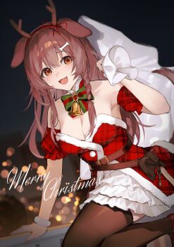 1girl :d absurdres alternate_costume animal_ears armpits bare_shoulders bell black_thighhighs blurry blurry_background bone_hair_ornament bow bowtie braid breasts brown_eyes brown_hair brown_tail cartoon_bone cine_(wazd0183) cleavage commentary_request detached_sleeves dog_ears dog_girl dog_tail double-parted_bangs dress fake_antlers fangs frilled_dress frills green_bow green_bowtie hair_between_eyes hair_ornament hairclip highres holding holding_sack hololive inugami_korone large_breasts long_hair looking_at_viewer low_twin_braids mary_janes merry_christmas neck_bell night open_mouth outdoors puffy_short_sleeves puffy_sleeves red_dress red_shoes red_sleeves sack santa_costume santa_dress shoes short_sleeves sleeveless sleeveless_dress smile solo strapless strapless_dress tail thighhighs twin_braids virtual_youtuber white_dress