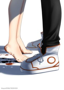 Rule 34 | 1boy, 1girl, barefoot, black pants, blood, blood on feet, chainsaw man, denji (chainsaw man), feet, glass shards, highres, illust aqua, injury, lower body, pants, reze (chainsaw man), shorts, simple background, standing, tiptoes, white background, white shorts
