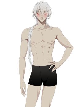 1boy a_date_with_death abs black_shorts blush casper_(a_date_with_death) closed_eyes contrapposto cowboy_shot frown hair_over_shoulder hand_on_own_hip highres jellyfish_cut male_focus muscular muscular_male no_shirt official_art pectorals promotional_art shorts solo strongman_waist white_hair