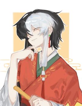 1boy black_hair border brown_eyes chinese_clothes chinese_commentary closed_mouth commentary_request earrings eyelashes eyes_visible_through_hair folded_fan folding_fan hair_between_eyes half-closed_eyes hand_fan hand_on_own_chin hanfu happy highres infinity_nikki jewelry layered_sleeves lips long_sleeves male_focus multicolored_hair nikki_(series) official_alternate_costume outline outside_border red_hanfu short_hair_with_long_locks short_over_long_sleeves short_sleeves sidelocks smile solo split-color_hair tan_youyou_(infinity_nikki) tassel tassel_earrings two-tone_hair upper_body wendy985647 white_border white_hair white_outline white_sleeves yellow_background