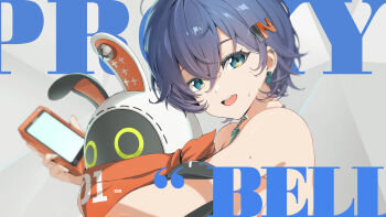 1girl absurdres bangboo_(zenless_zone_zero) belle_(zenless_zone_zero) blue_hair cellphone character_name commentary_request ear_piercing earrings edible_sus eous_(zenless_zone_zero) green_eyes hair_between_eyes hair_ornament hairclip highres holding holding_phone jewelry looking_at_viewer mindscape_cinema_(zenless_zone_zero) necklace nude open_mouth phone piercing simple_background smartphone smile solo stud_earrings sweat upper_body variant_set zenless_zone_zero