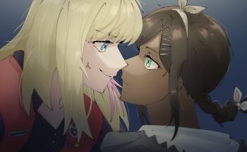 2girls anger_vein aonuma_neiru blonde_hair blue_eyes bow braid braided_ponytail brown_hair closed_mouth collarbone commentary_request dark-skinned_female dark_skin expressionless eye_contact face-to-face from_side green_eyes grey_shirt grin hair_bow hellou highres jacket kawai_rika korean_commentary letterman_jacket looking_at_another medium_hair multicolored_hair multiple_girls parted_lips pink_hair portrait profile red_jacket shirt single_braid smile streaked_hair two-tone_hair white_bow wonder_egg_priority