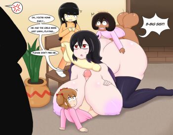 2girls 3futa :o age_difference angry ass black_hair black_thighhighs bottomless breasts brown_hair caught doggystyle english_text futa_with_female futanari grabbing_from_behind grabbing_own_breast gradient_background group_sex highres huge_ass huge_breasts huge_penis huge_testicles loli long_hair looking_at_viewer medium_hair multiple_futa multiple_girls nipples open_mouth original penis red_eyes scared sex sex_from_behind sitting size_difference speech_bubble testicles thighhighs top-down_bottom-up touhoufan twintails