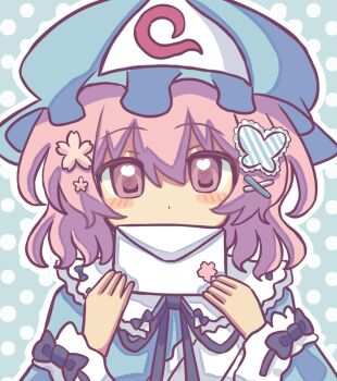 Rule 34 | 1girl, blue hat, blue kimono, blush, butterfly hair ornament, commentary, flower, frilled kimono, frills, hair flower, hair ornament, hat, heart, heart in eye, highres, holding, holding letter, japanese clothes, kimono, letter, long sleeves, looking at viewer, medium hair, mob cap, pink eyes, pink hair, polka dot, polka dot background, saigyouji yuyuko, silverrain, sleeve garter, solo, symbol in eye, touhou, triangular headpiece, wide sleeves, x hair ornament