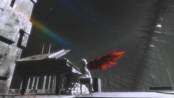 1girl absurdres commentary dress english_commentary from_side full_body grand_piano grey_theme highres instrument layered_dress lens_flare long_dress long_hair music on_bench original piano playing_instrument playing_piano red_wings science_fiction shiej007 sitting solo space space_station spot_color white_dress white_hair wings