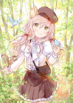 Rule 34 | 1girl, animal, animal ear fluff, animal ears, animal on hand, bag, beret, bird, blush, bow, brown eyes, brown hat, brown skirt, center frills, closed mouth, commentary request, day, forest, frilled skirt, frills, hair between eyes, hair bow, hand up, hat, juliet sleeves, long hair, long sleeves, low twintails, nature, original, outdoors, pink hair, pleated skirt, puffy sleeves, red bow, shoulder bag, skirt, smile, solo, squirrel, tail, tree, twintails, very long hair, wataame27, white bow, wolf-chan (wataame27), wolf ears, wolf girl, wolf tail