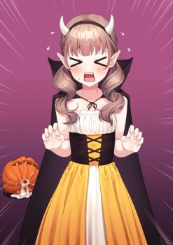 &gt;_&lt; 1boy :o after_masturbation black_cloak blush brown_hair cloak collarbone crossdressing crossdressing_(mtf) cum cum_on_object curly_hair dress emphasis_lines fake_horns fang fingernails gradient_background halloween_costume highres hokuro_ryuuseigun horns jack-o&#039;-lantern junior_(hokuro_ryuuseigun) long_hair open_mouth original pumpkin purple_background sharp_fingernails solo speech_bubble strapless strapless_dress sweatdrop textless_version trap twintails