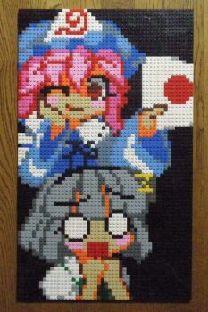 Rule 34 | 2girls, ;), black background, black hairband, blue headwear, blue kimono, blunt bangs, closed mouth, hairband, hand fan, hand on own face, hat, highres, holding, holding fan, japanese clothes, kimono, konpaku youmu, lego, lego (medium), long sleeves, looking at another, mob cap, multiple girls, o o, one eye closed, open mouth, own hands together, photo (medium), pink hair, pixel art, red eyes, saigyouji yuyuko, shirt, short hair, silver hair, simple background, smile, touhou, triangular headpiece, unconventional media, upper body, white shirt, wide sleeves, you rei (blowback)